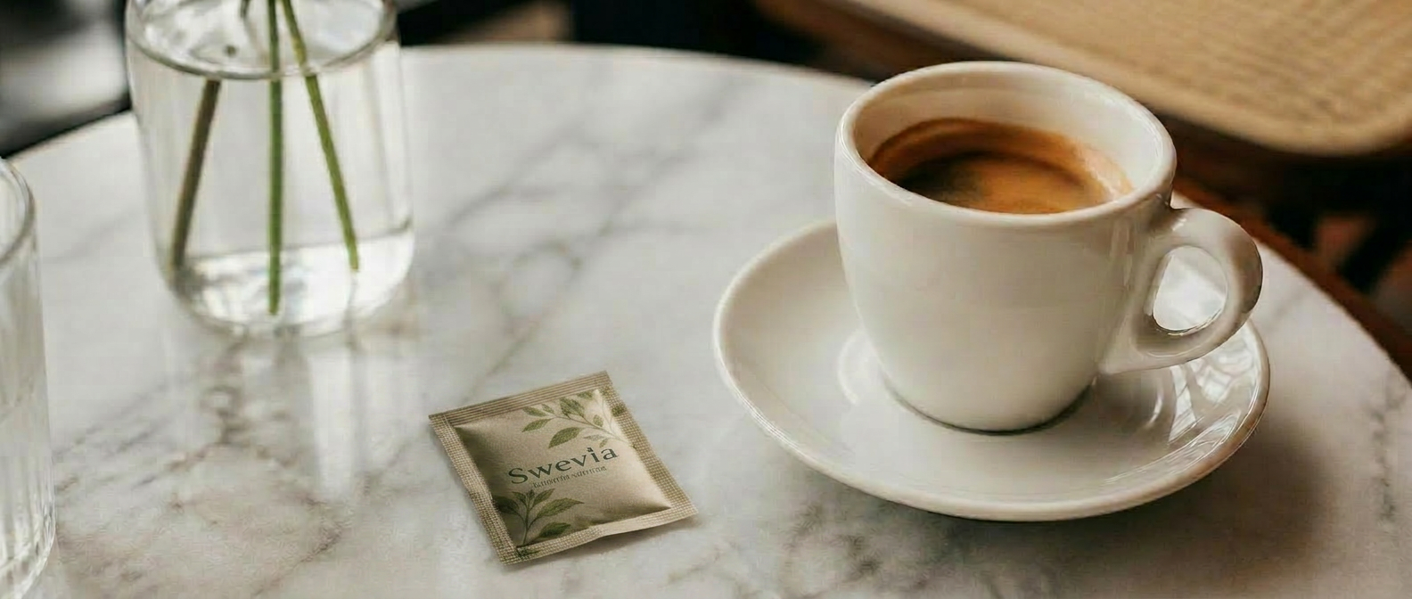 Swevia sachet på marmorbord bredvid en espresso i en svensk cafémiljö